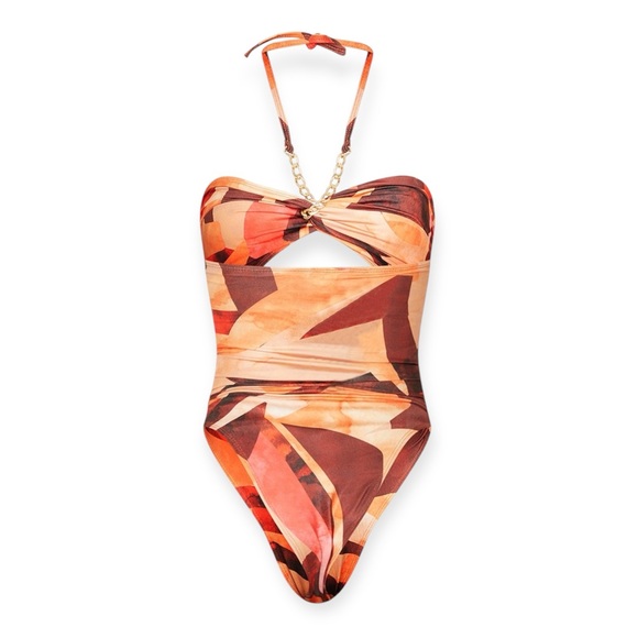 Love Island UK 🇬🇧 Orange Abstract Print Bandeau Chain Cut Out Swimsuit - Picture 2 of 8